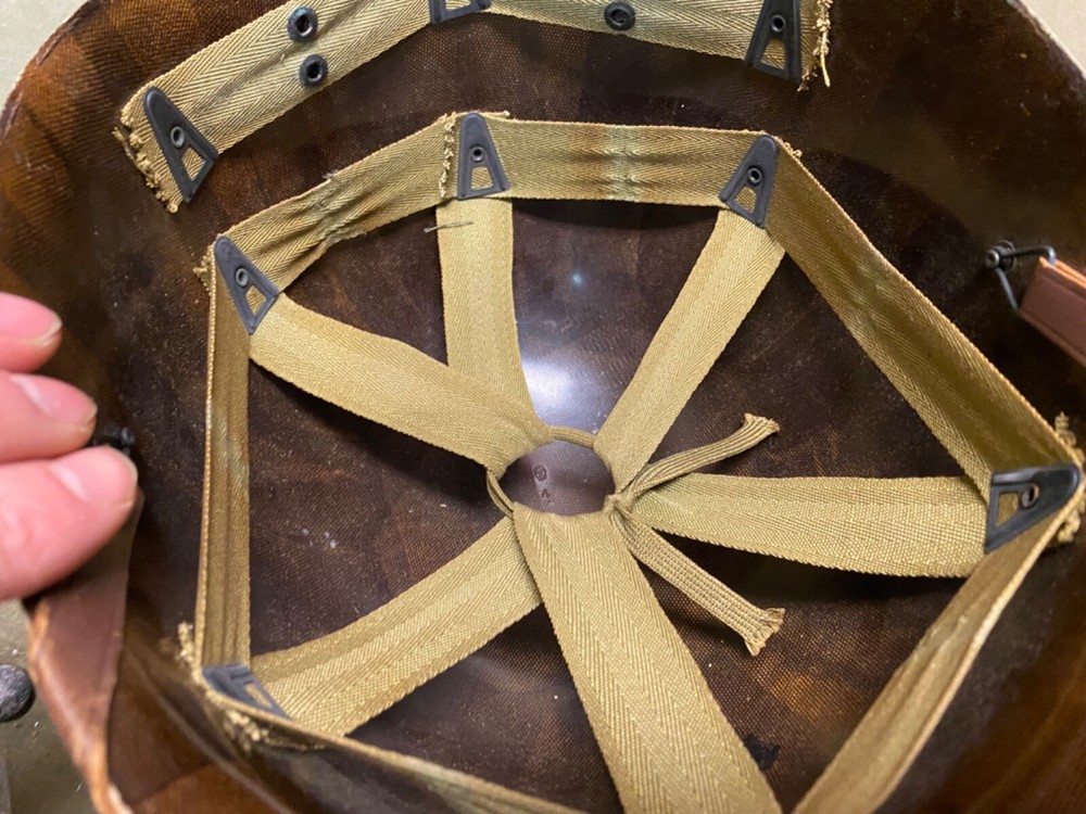 ORIGINAL WWII US ARMY M1 HELMET LINER-, ORIGINAL PAINT, LT MARKINGS