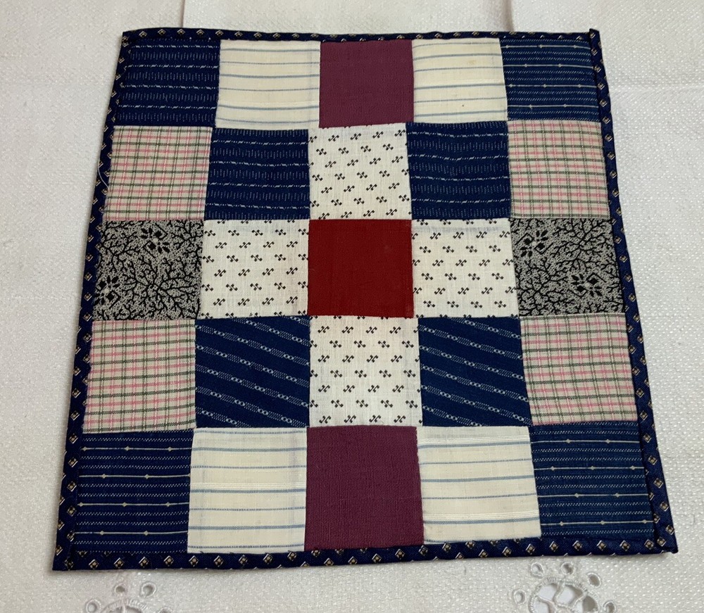 Antique Vintage Patchwork Quilt Table Topper Or Doll Quilt, Nine Patch, Red Navy