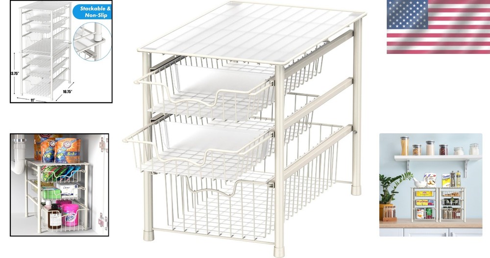 Elegant 3-Tier Stackable Sliding Basket Organizer - Perfect for Kitchen & Bath