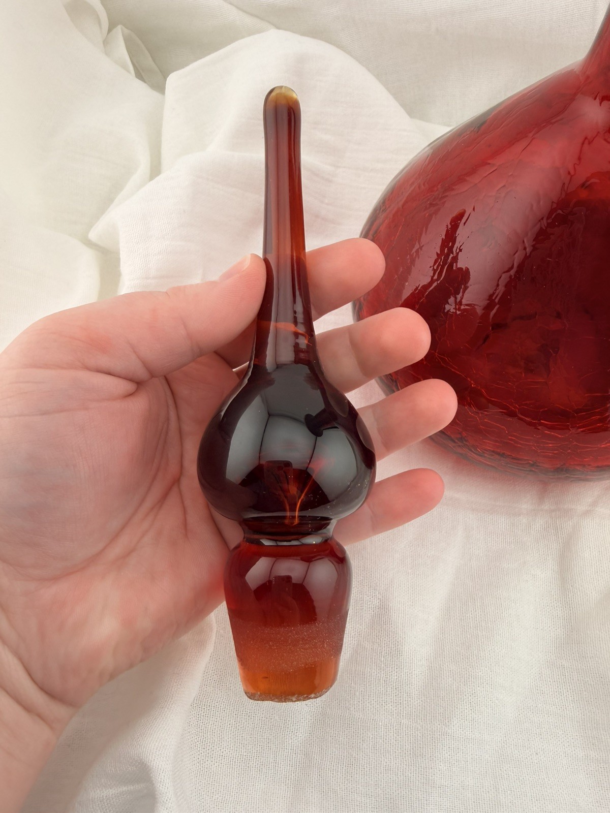 Vintage Blenko Red Glass Decanter Hand Blown Mid Century Modern Art Glass Ruby