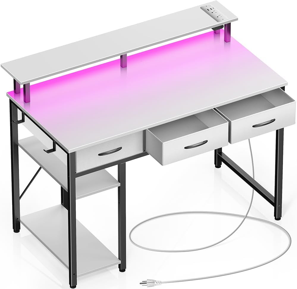 39" White Computer Desk with Power Outlets, LED Light & Storage Shelves