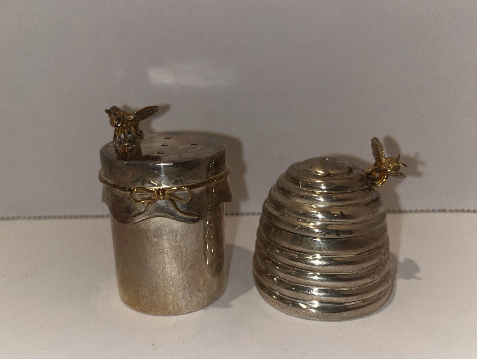 Thistle & Bee Sterling Silver Beehive Salt & Pepper Shakers Rare