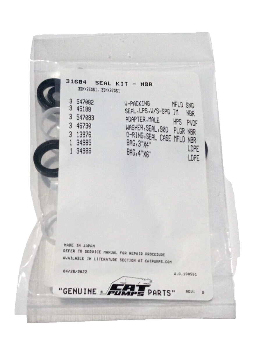 31684 SEAL KIT FOR CAT PUMP 3DNX SERIES PUMPS 3DNX25GSI, 3DNX27GSI, 3GXT30