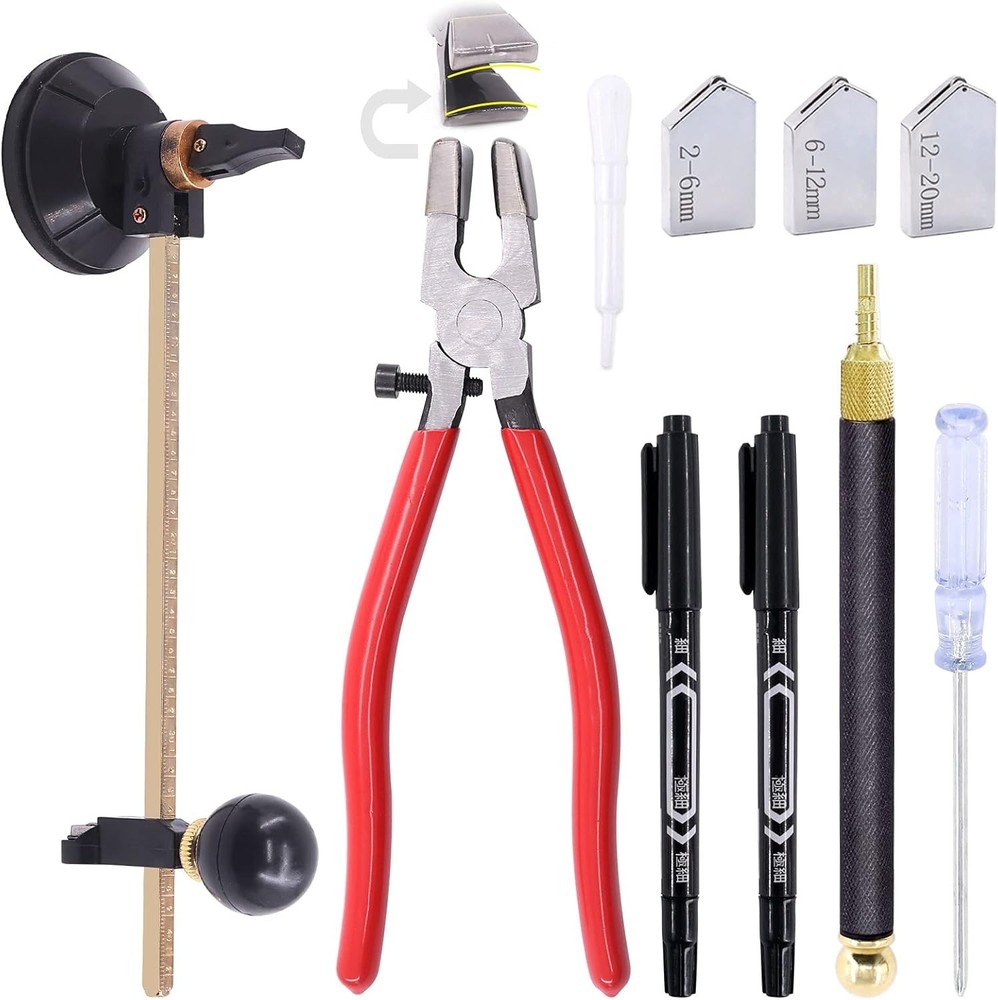9 Pcs Glass Cutting Tool Set Kit Includes Adjustable Circular Glass Cutter, Glas