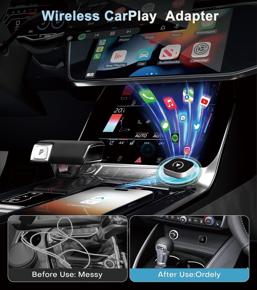 CarPlay Wireless Adapter, Compatible with CarPlay+Android Auto, Silver