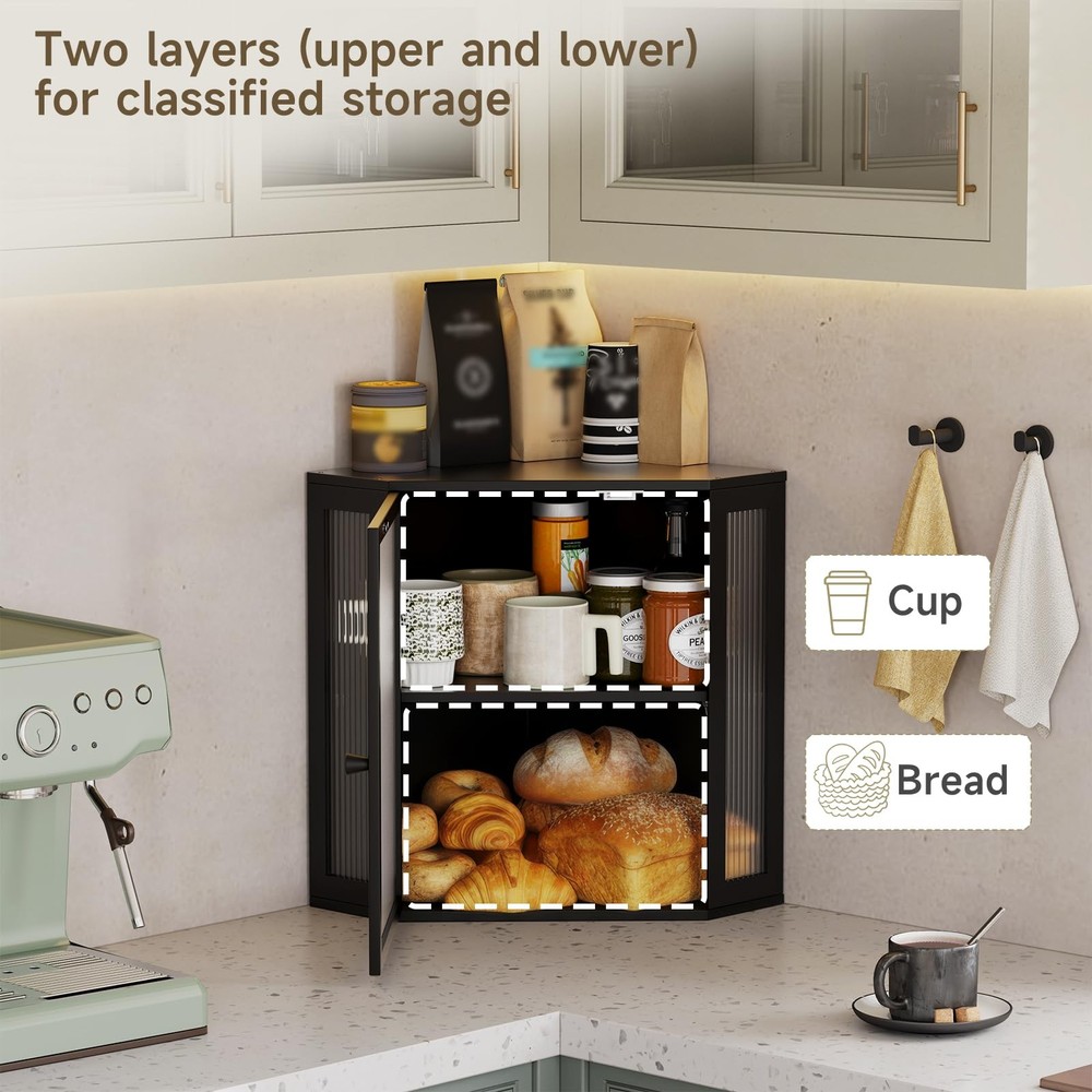 Vellzeyce Corner Bread Box for Kitchen Countertop,Double Extra Large, Black
