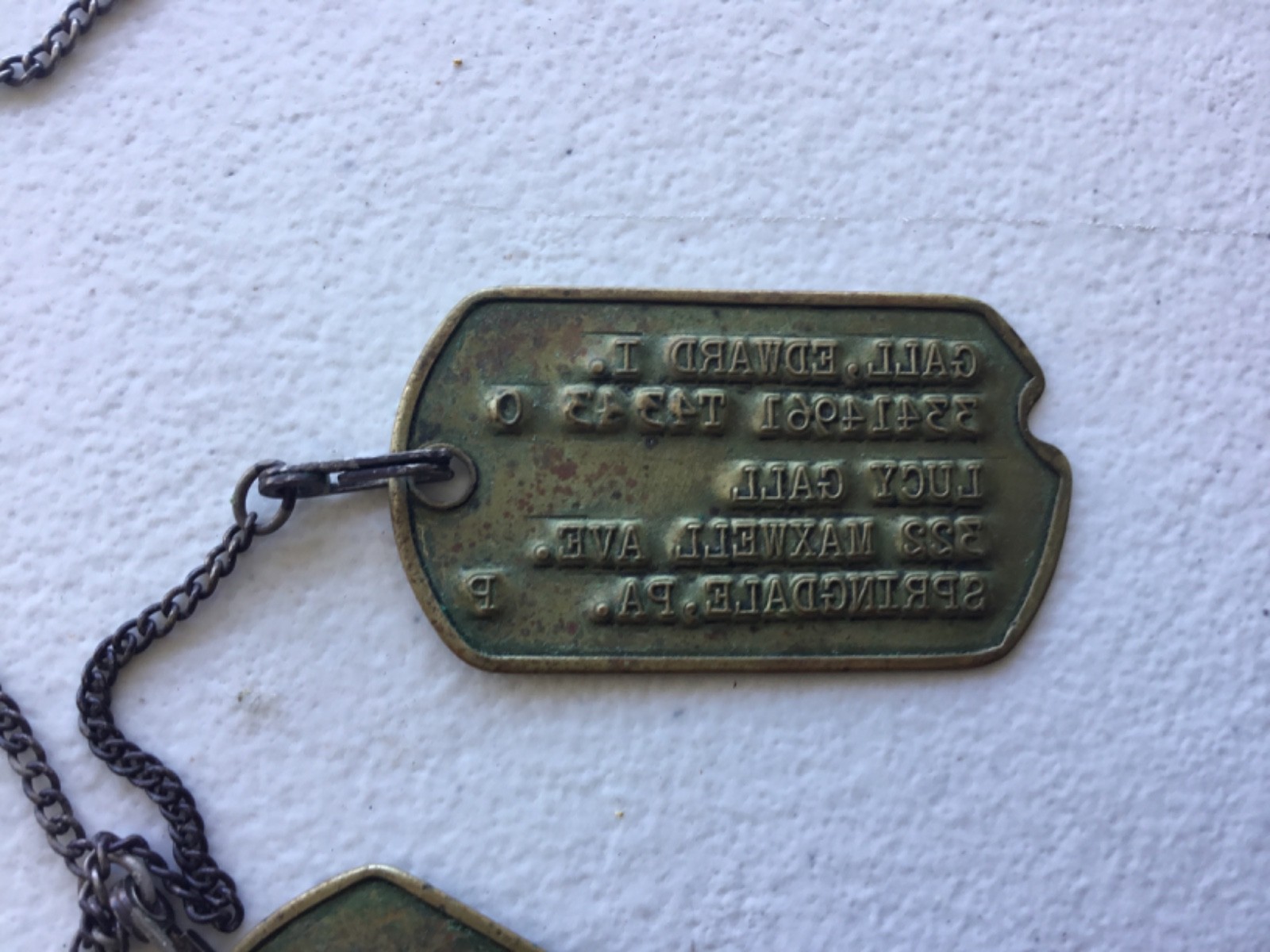 WWII Brass Notched Dog Tags On Sterling J-Hook Chain T-43 P