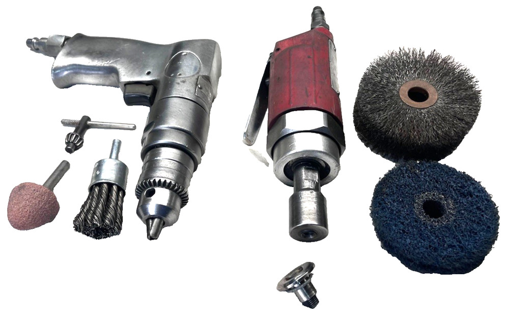 2 Pneumatic Tools - Straight Grinder, Drill  W/Wrenches/Key