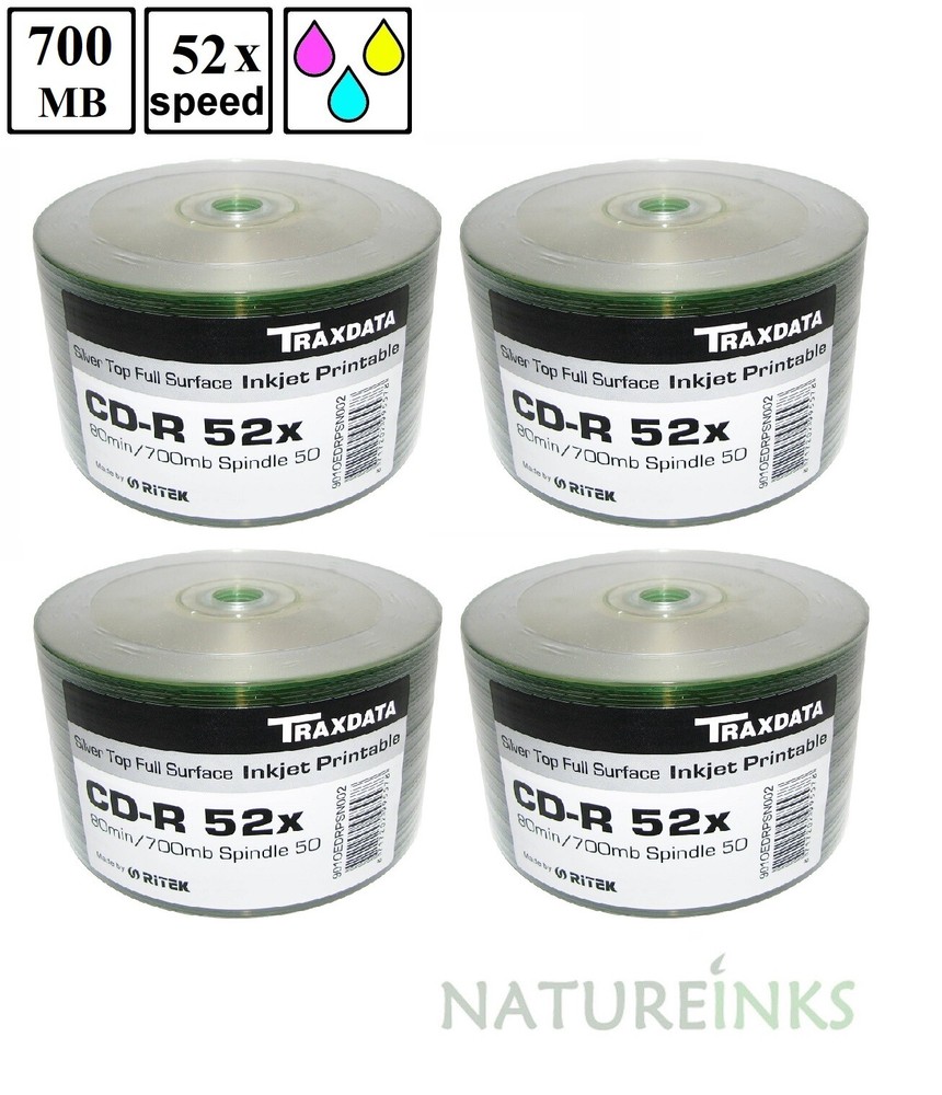 200 Traxdata Printable Silver CD-R 52x Discs 700MB 80 min Ritek Blank CD Discs