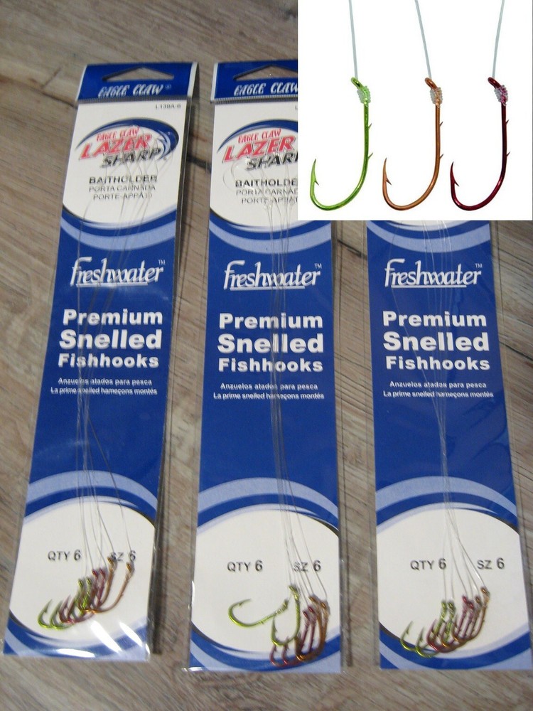 18 Snelled Eagle Claw L139A Lazer Sharp Bait Holder BaitHolder Fish Hooks Size 6