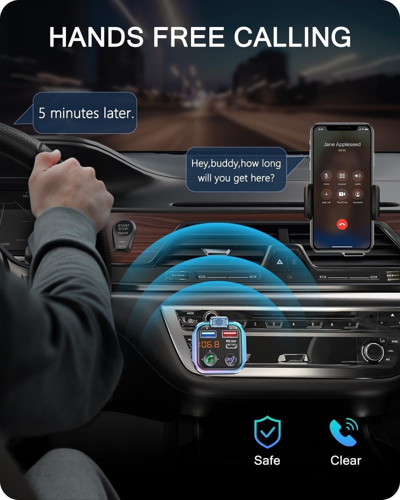 Multi-Function Bluetooth FM Transmitter with 3D Audio, USB Support & LED Design