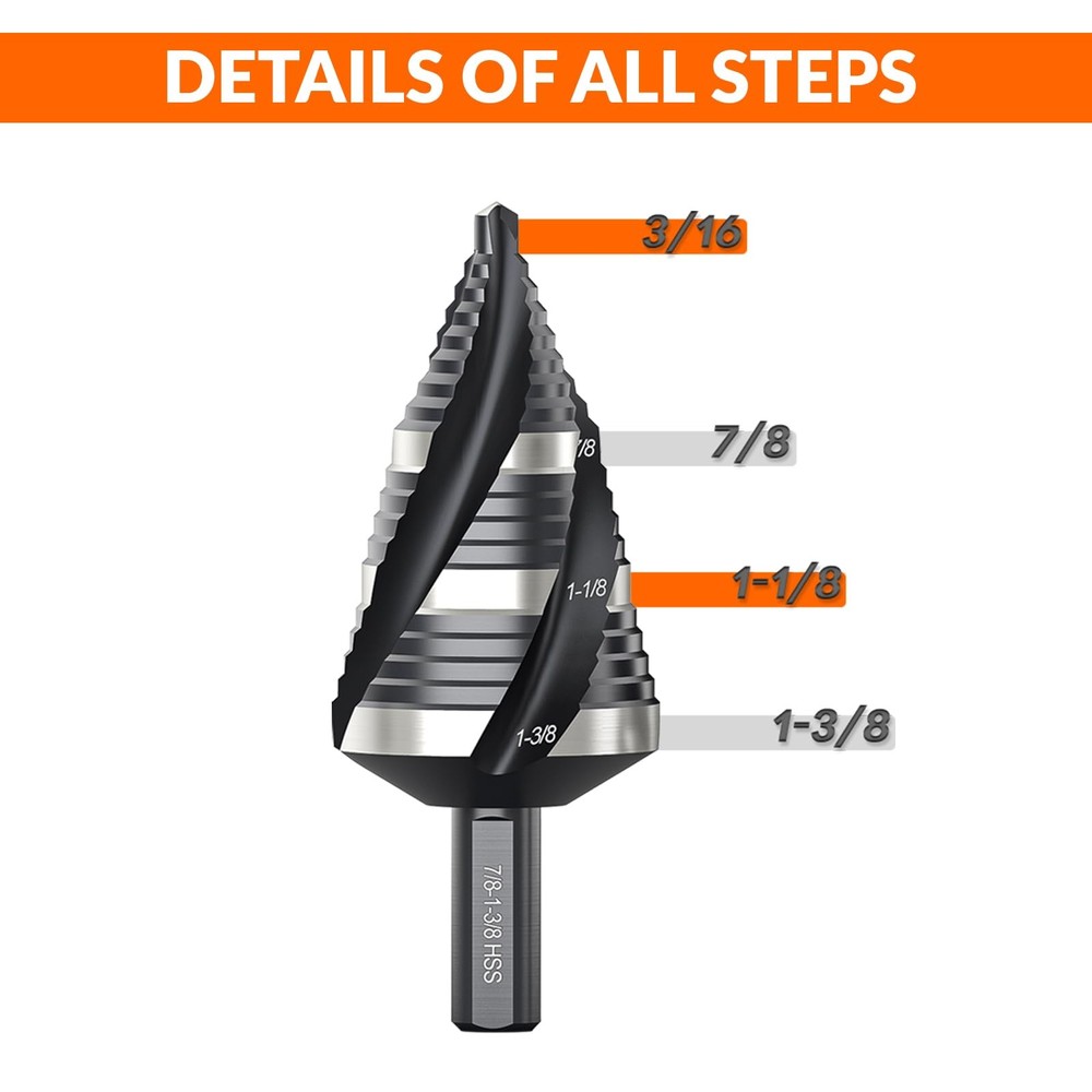THINKWORK Four Spiral Flute Step Drill Bit, HSS 3/16-1-3/8"