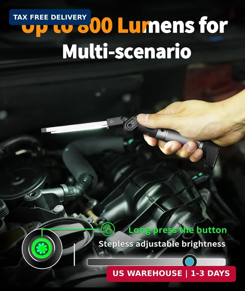 Magnetic Work Light - 800 Lumens Rechargeable Work Light with Multifunctional Fo