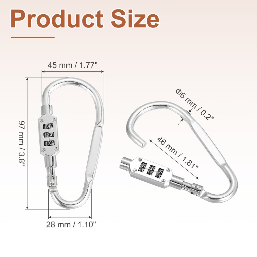 3.8" x 1.8" D-Shaped 3-Digit Code Combination Lock D-Ring Clip Locking, Silver