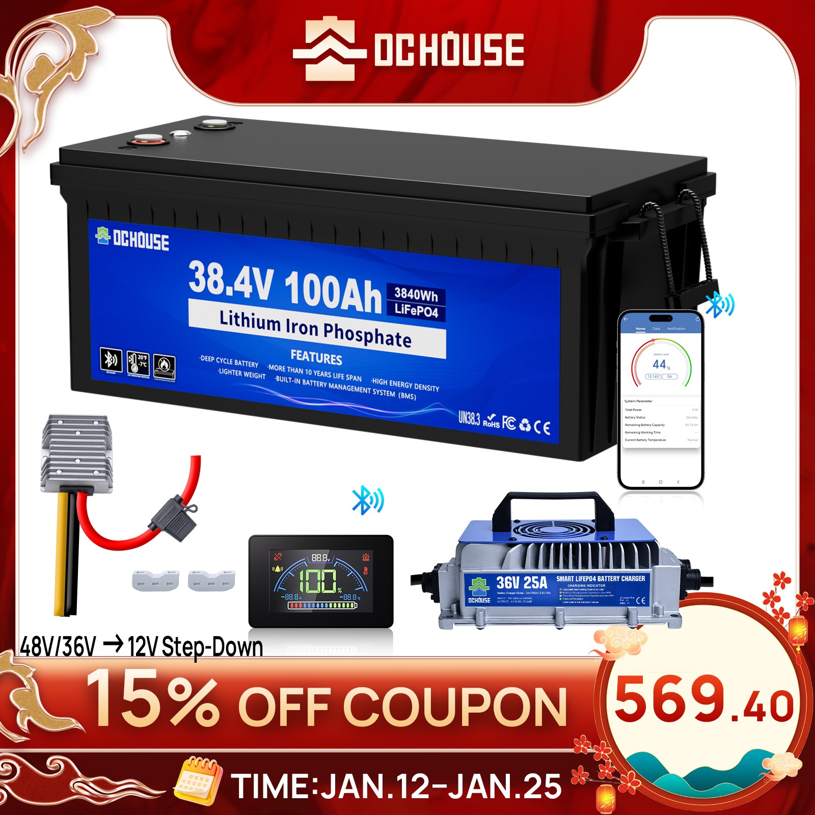 36V 100AH Lithium Golf Cart Battery Bluetooth Trolling Motor RV with 25A Charger