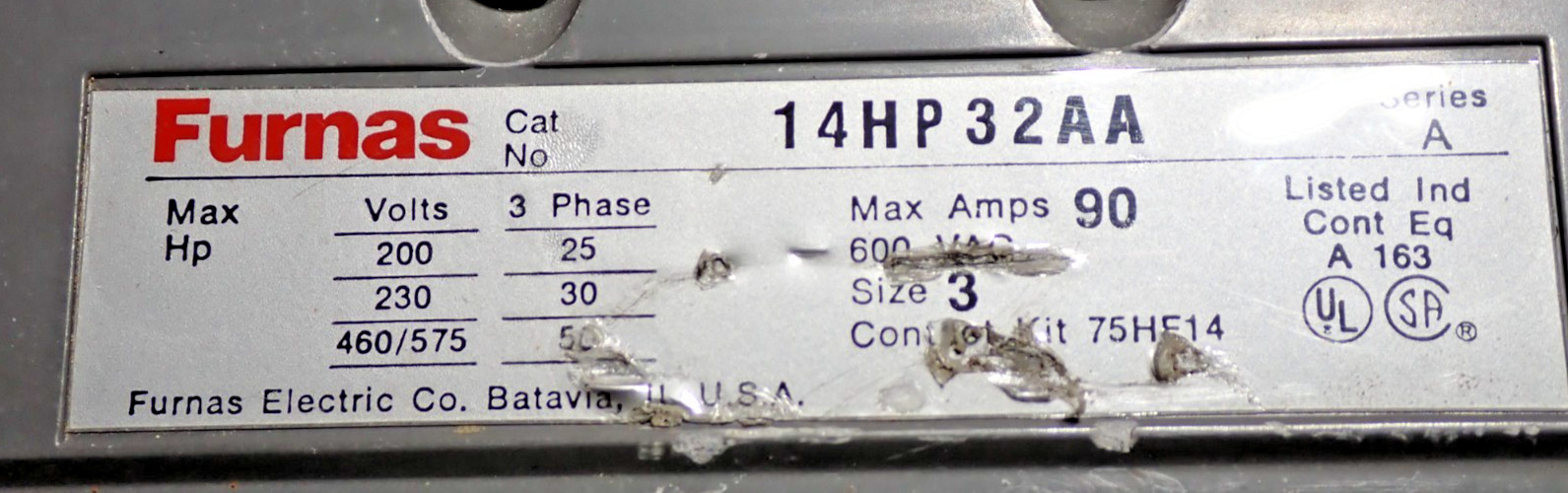 Furnas 14HP32AA Size 3 Starter 90 Amp 600VAC w/ 75D73251A Coil 120/240v S936