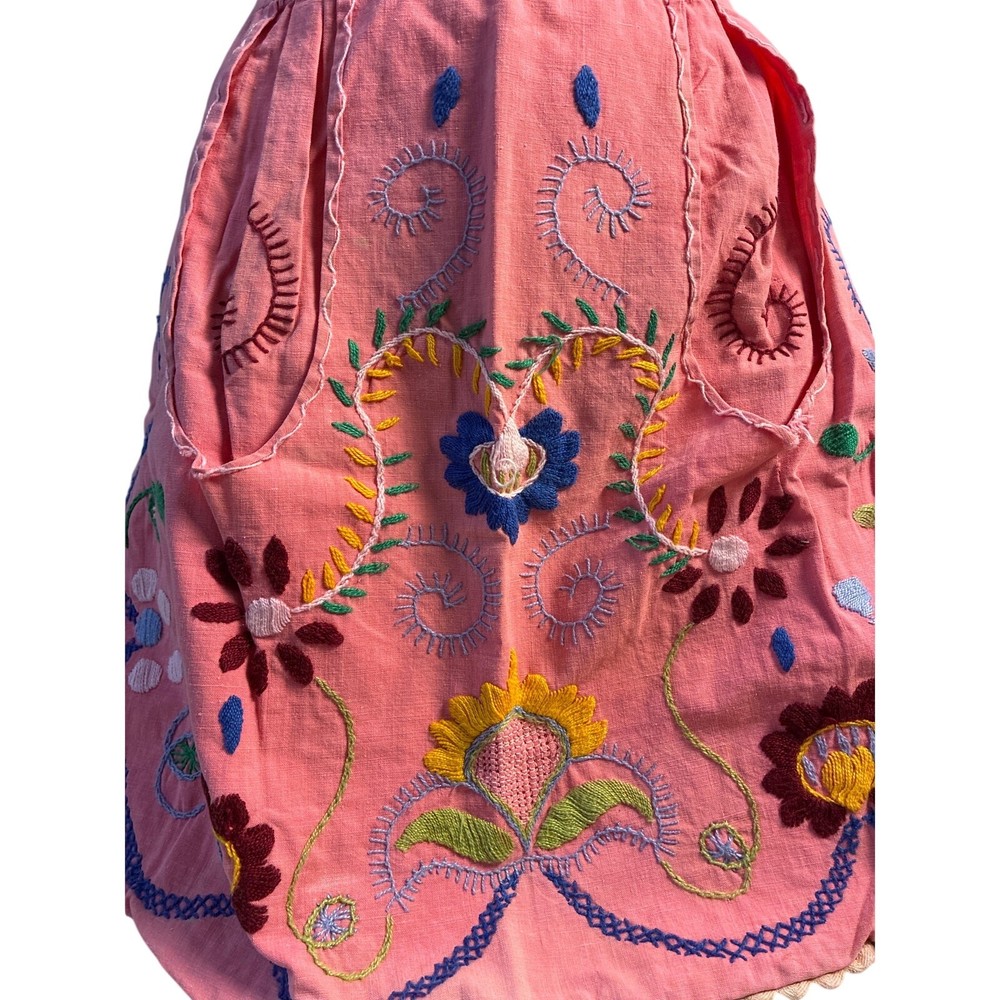 Hand Embroidered Vintage Pink Linen Apron Multicolr Pattern