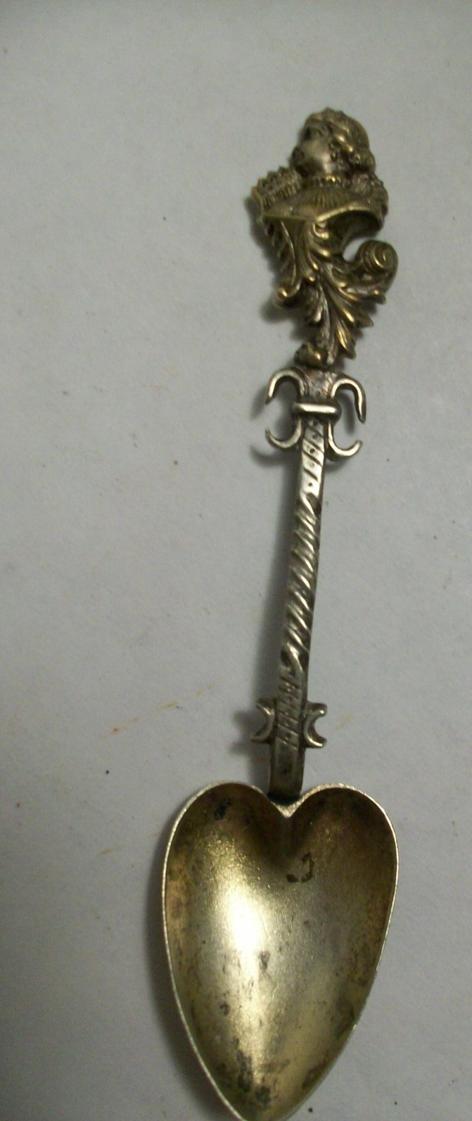 Antique German silver souvenir demitasse spoon heart bowl Queen lady handle top