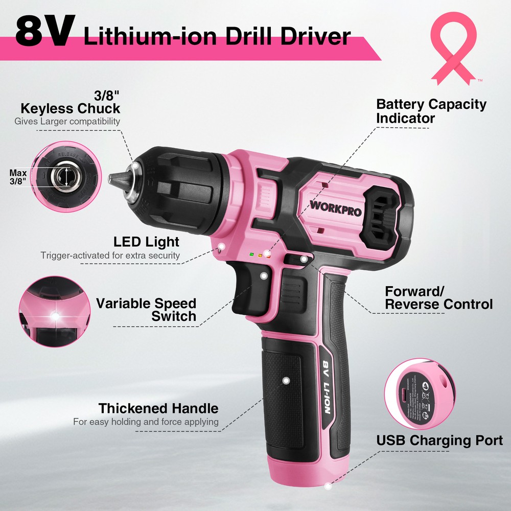 WORKPRO Pink 8V Power Drill Set with 53pcs Bit Set with 3/8" Keyless Chuck