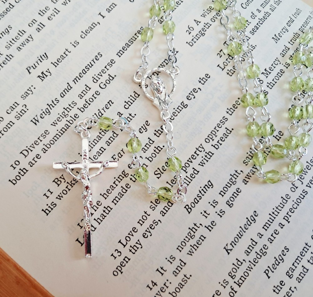 Mini Light Green Czech Glass Rosary in Silver