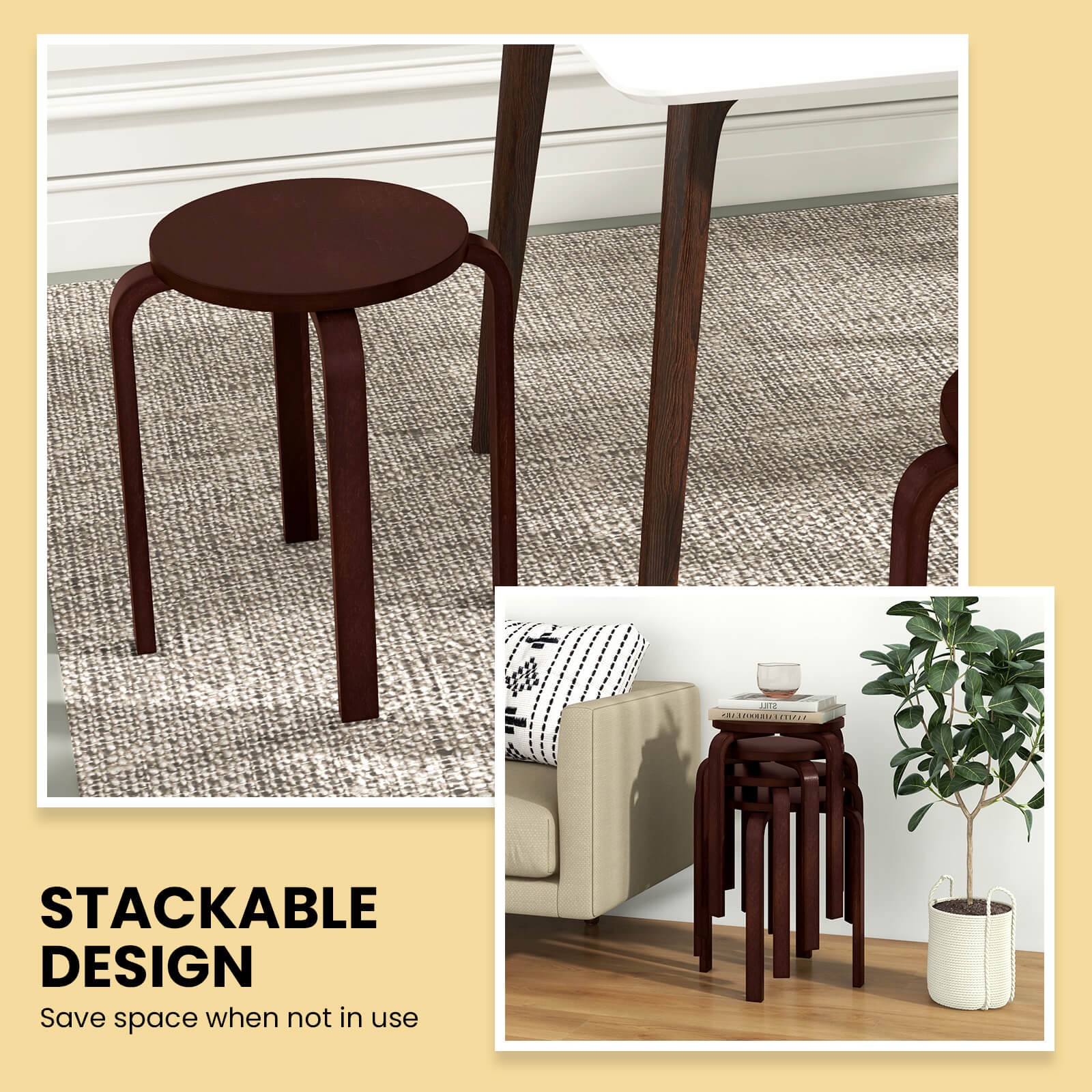 Set of 4 18" Stacking Stool Round Dining Chair Backless Wood Home Decor Brown