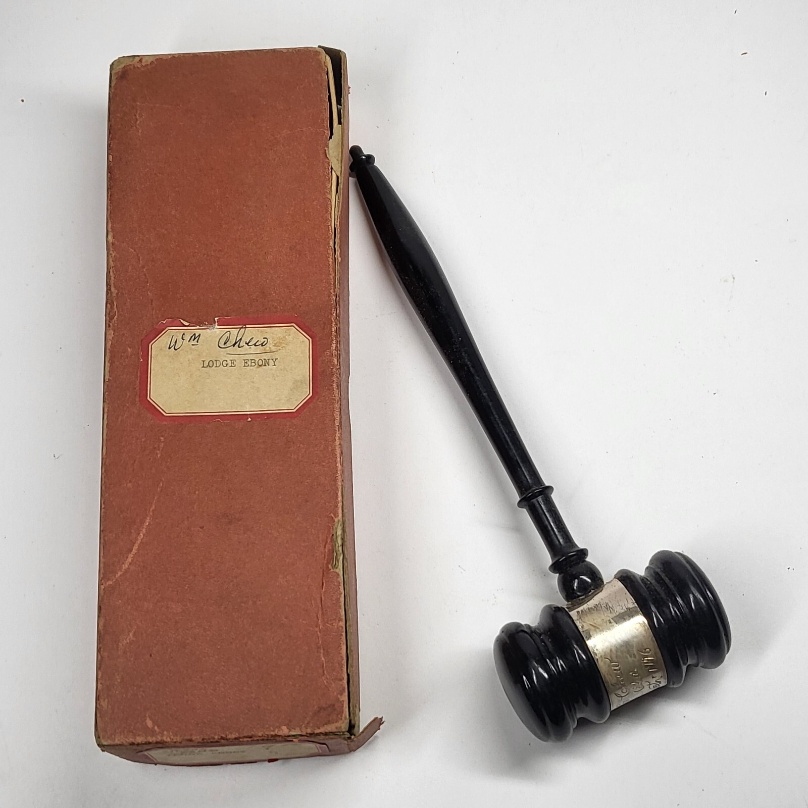 Ebony Wood Gavel w/Sterling Silver Band 10” Vintage 1946 Engraved Onized Club