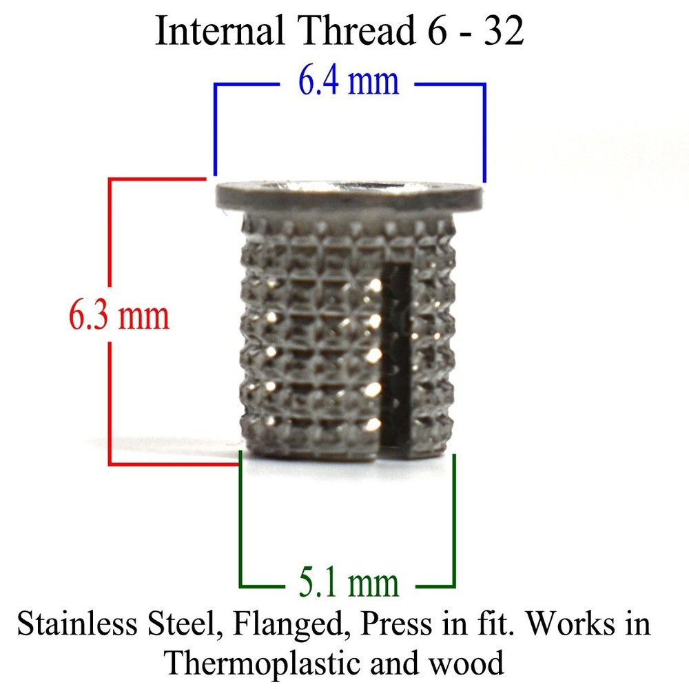 Qty. 10 Pack Flanged Press Fit Stainless Steel Threaded Inserts 6-32