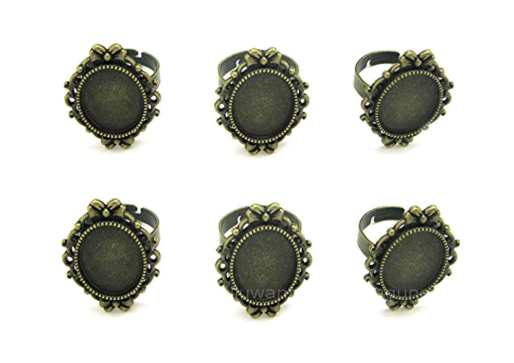 6 Antique Bronzetone Goth 18mm x 13mm CAMEO Bows Adjustable RING SETTINGS FRAMES