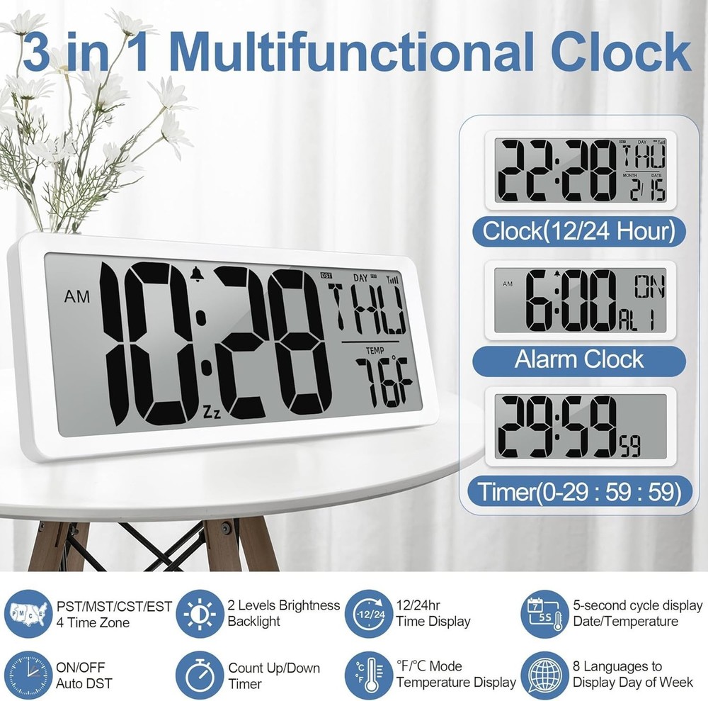 Atomic Clock with Backlight 15" Digital Wall Clock Battery Operated Atomic Wa...