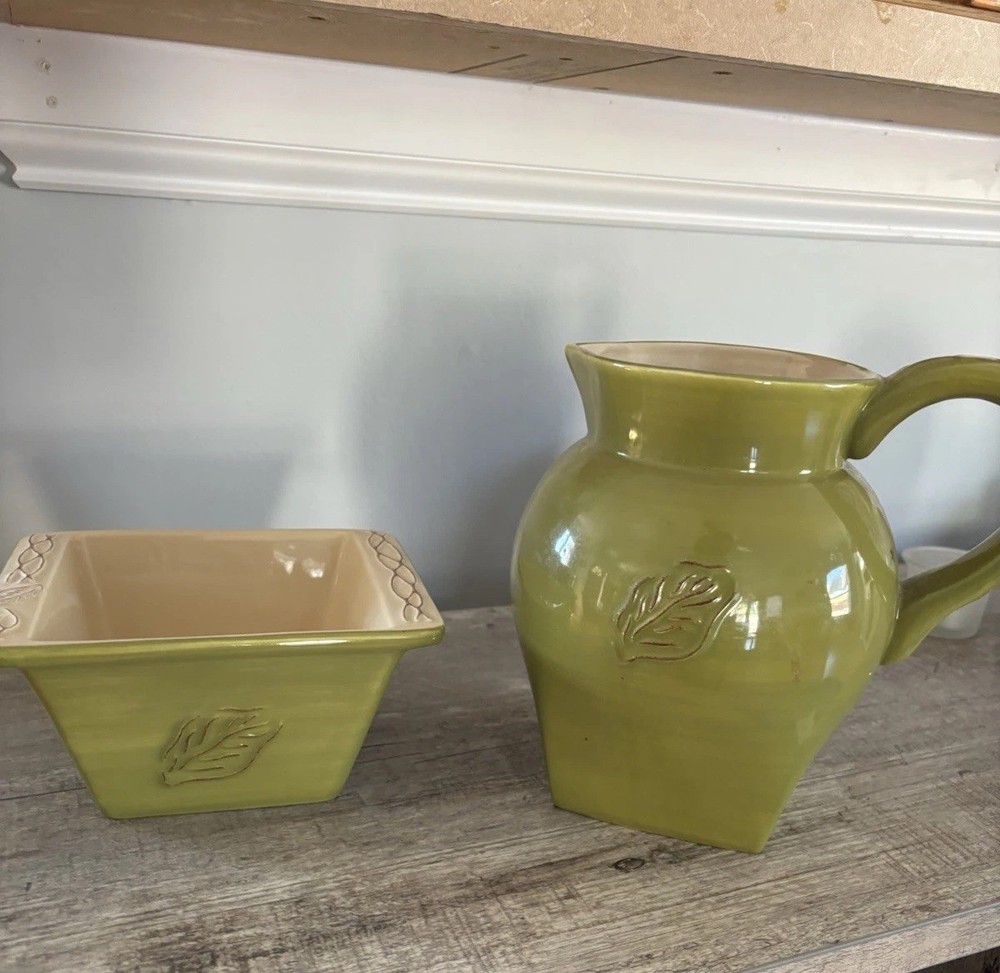 Tastefully Simple Host Collection Green Ceramic Pitcher & Dip Dish Set