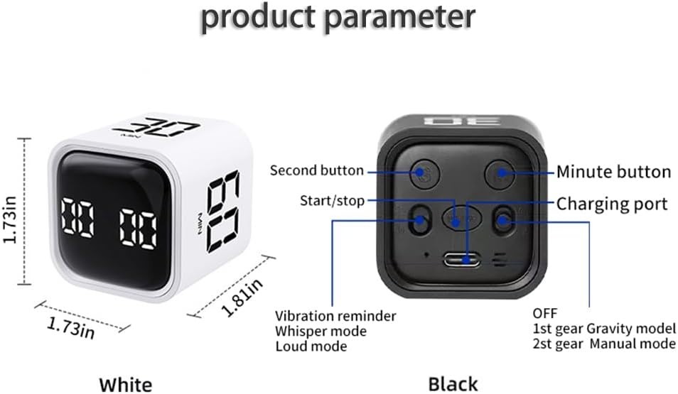 Digital Cube Pomodoro Timer Desk Rechargeable Productivity Timer Black