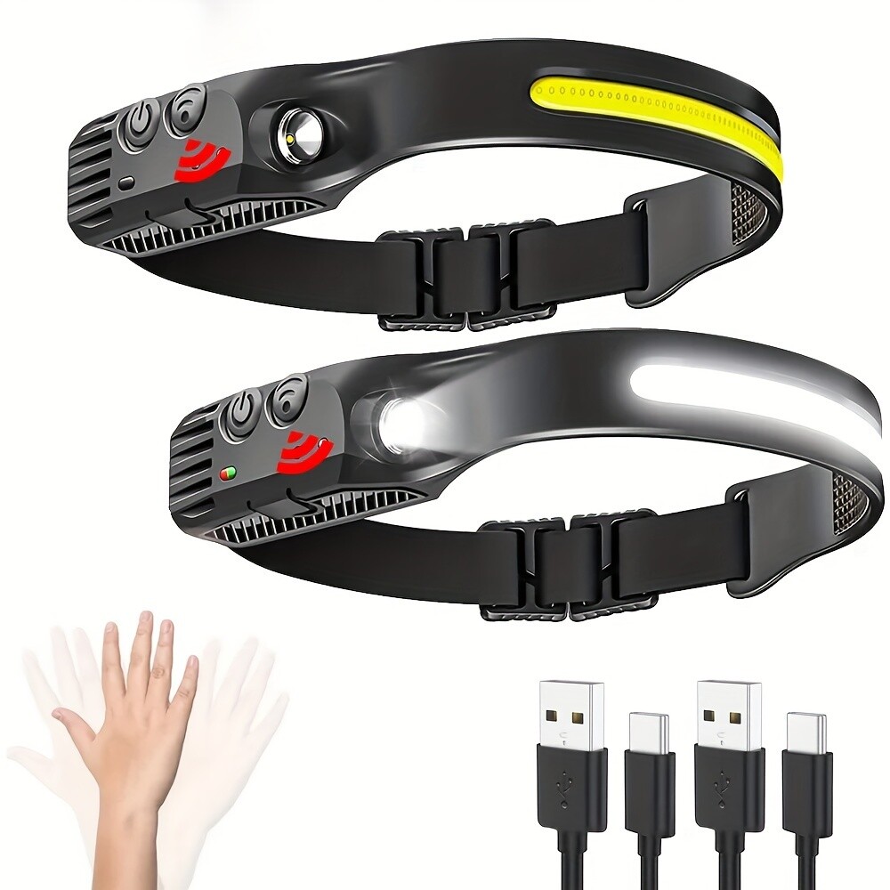 COB LED Headlamp USB Rechargeable Headlight Torch Work Light Bar HeadBand Sensor