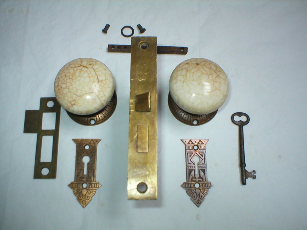 Antique Victorian Era Door Hardware with Crackle Finish Porcelain Knobs