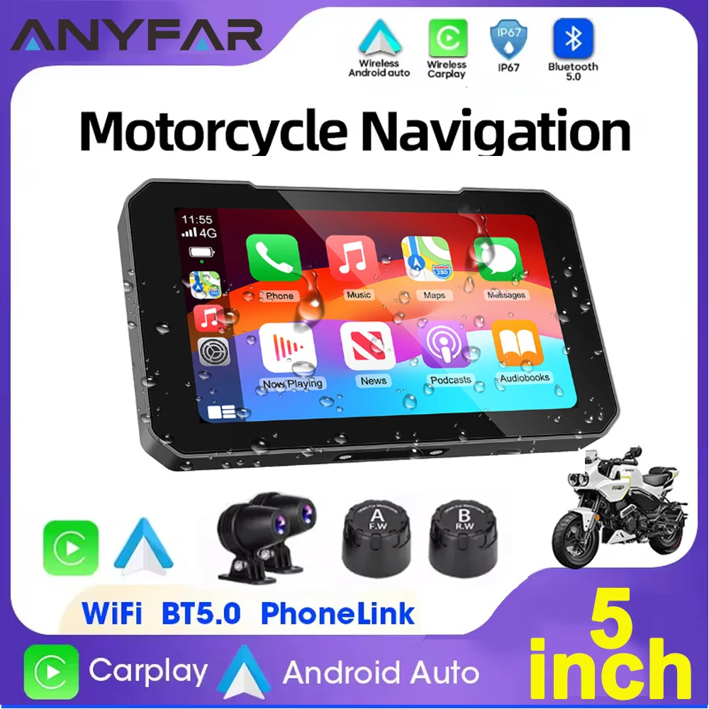 5 Inch Touch Screen Motorcycle CarPlay Screen Support Dual Camera Record with Wi