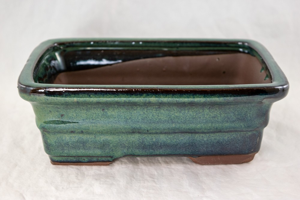 Rectangular Glazed Bonsai & Succulent Pot + Mesh 8"x 6"x 2.75" - Green Glazed