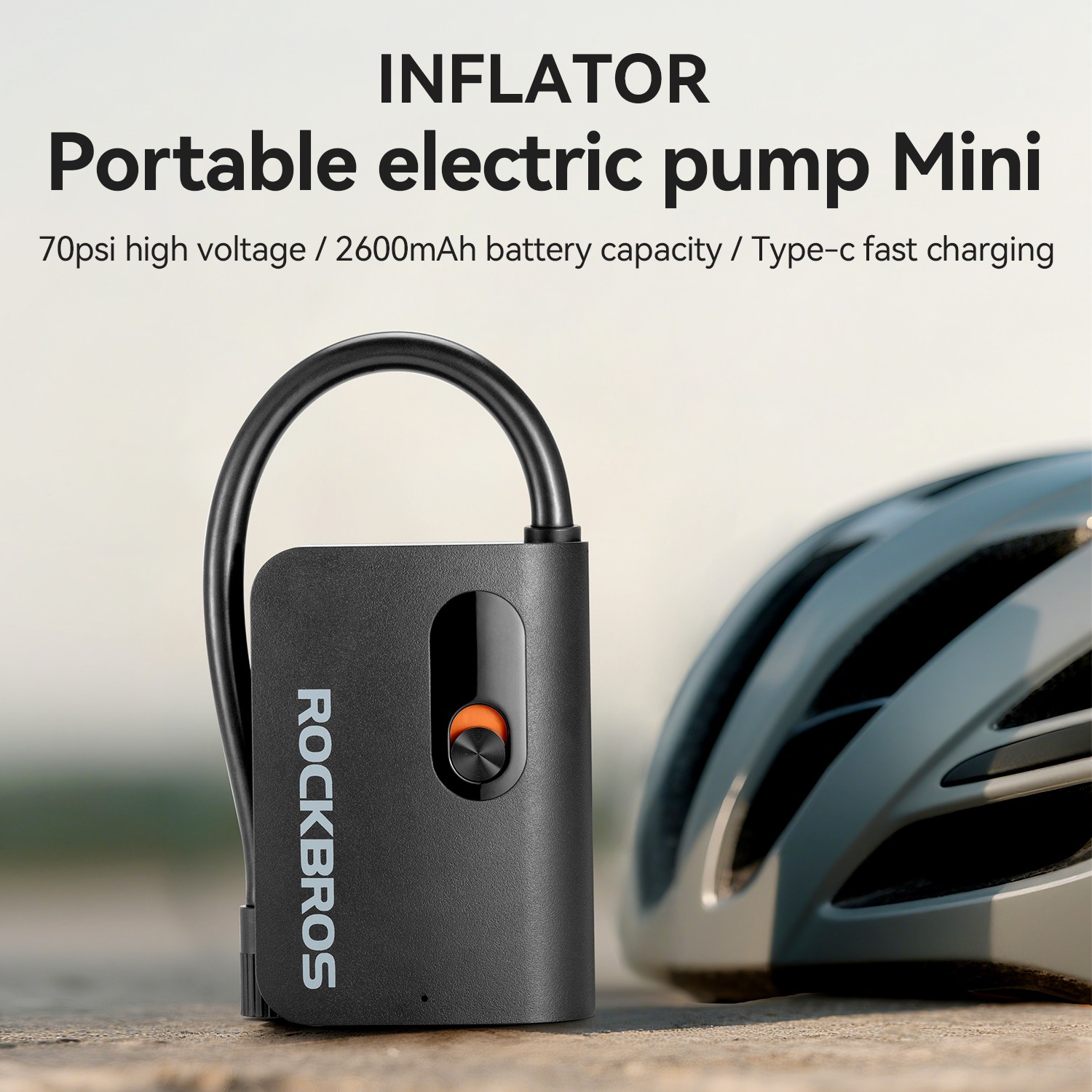 ROCKBROS Bicycle Electric Air Pump Mini Portable 70PSI Inflator 2600mAh Type-C