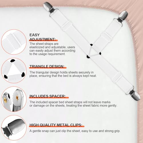 8 Pcs Sheet Straps with Metal Clips, Triangle Bed Sheet Straps Adjustable,
