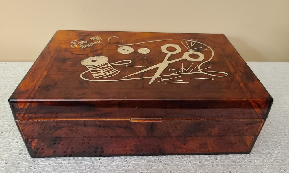 Vintage Lucite Tortoise Shell Sewing Box Embedded Notions Scissors Spools Button
