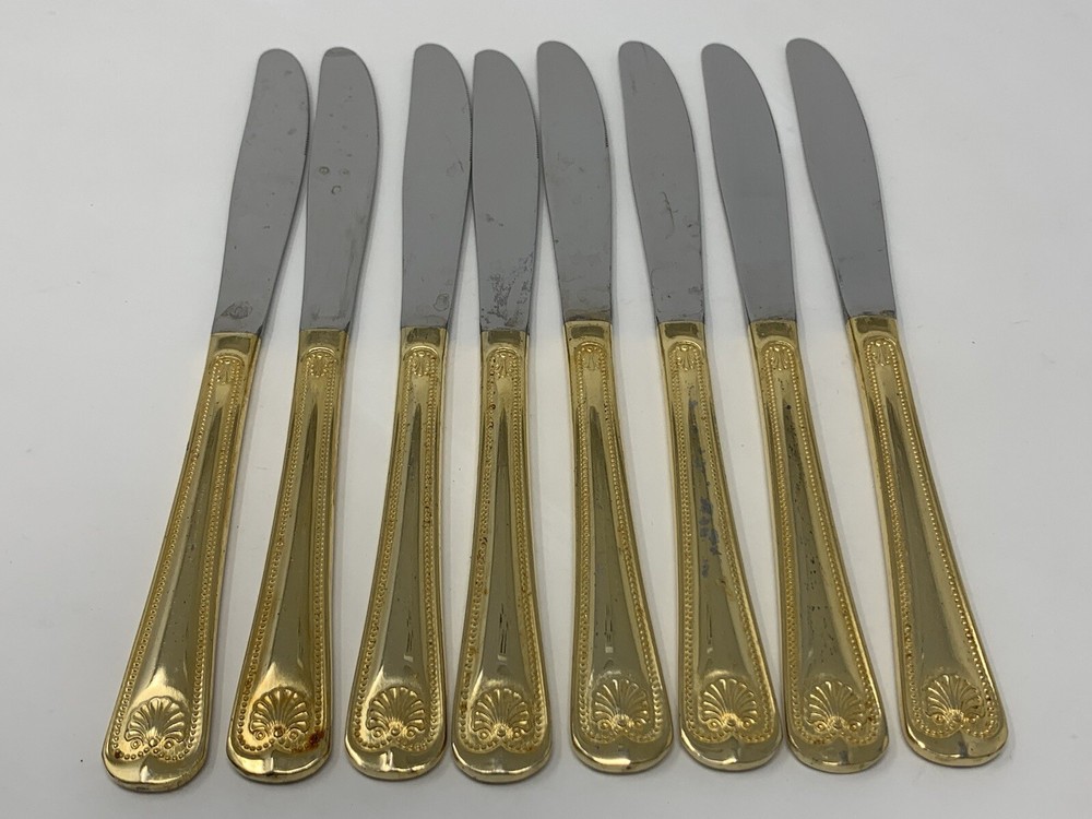 Towle Abbey Shell Gold Electroplate Stainless 8 Modern Solid Dinner Knives