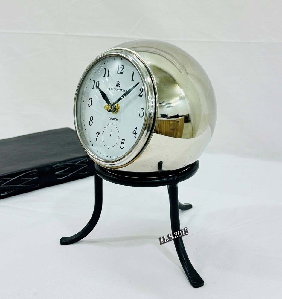 Nautical Silver & Black Aluminium Table Clock, Silver Round Clock With Black Sta