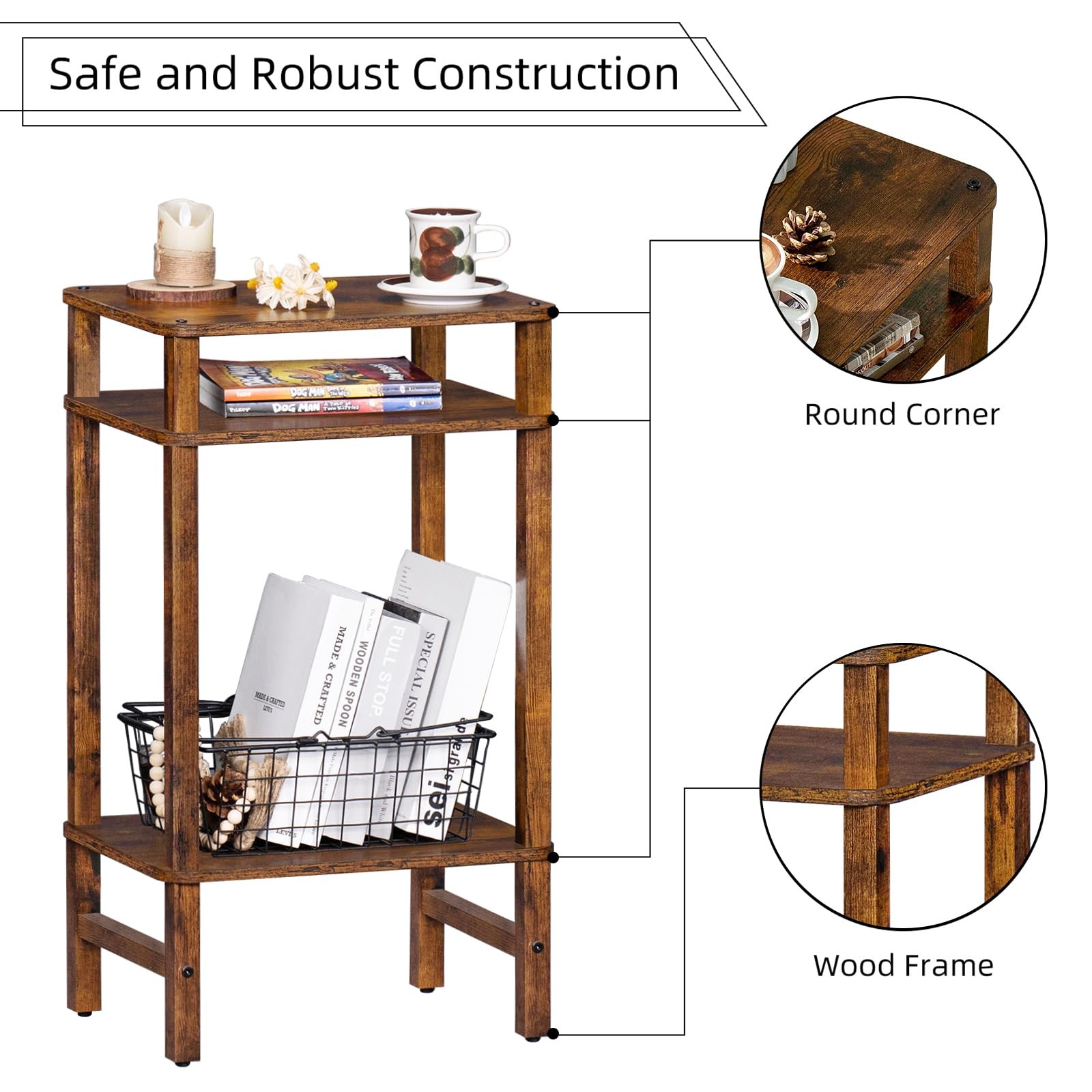 YUFAM Tall Side Table 3-Tier End Nightstand Brown Living Room Bedroom Office Fur