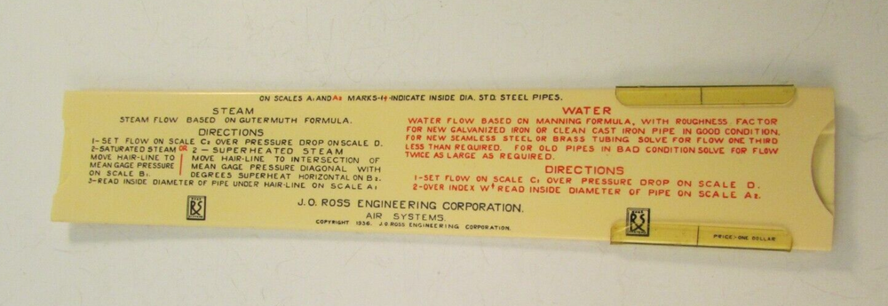 1936 J.O. Ross Engineering Plastic Pipe Size Ruler Selector for Steam & Water