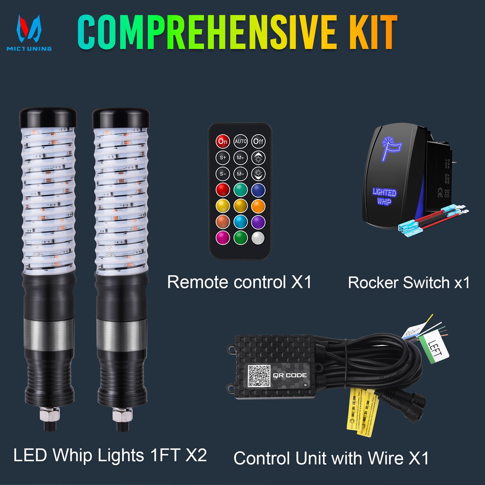 2pcs 1FT COB Fat Whip Light,RGB+IC Chasing Antenna Whips for ATV UTV SXS RZR