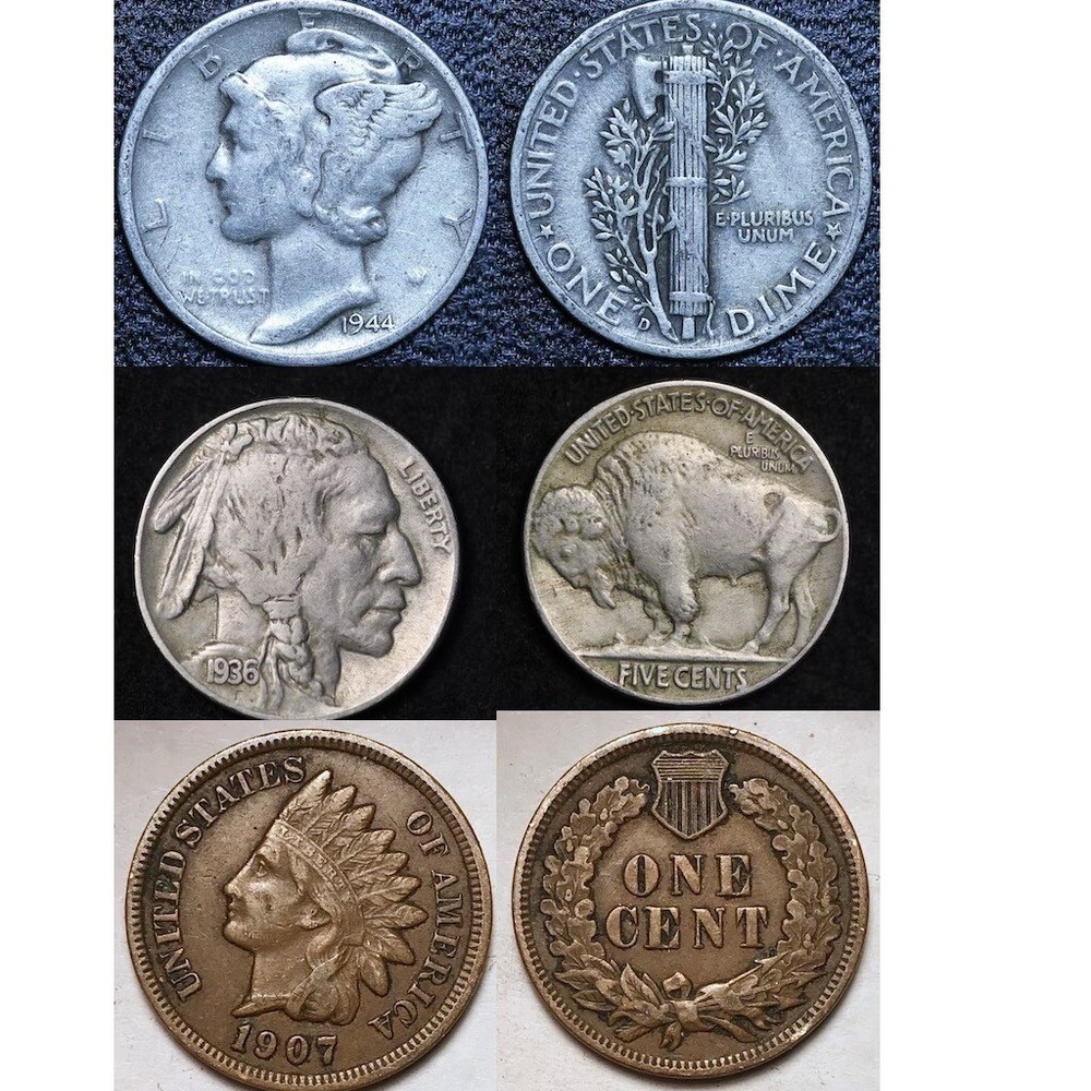 Random Silver Mercury Dime, Buffalo Nickel, Indian Cent in VF XF 3 COIN LOT!