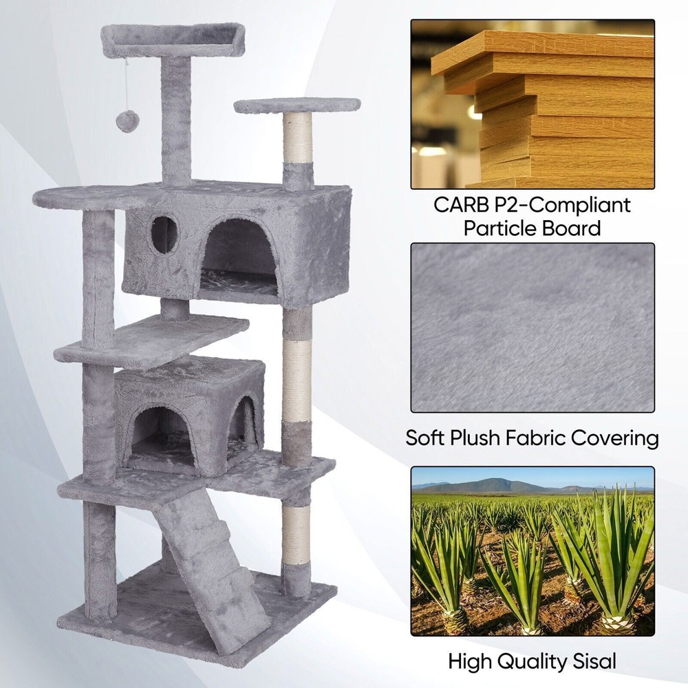 55'' Multi-Level Cat Tree Tower Kitten Condo House W/Scratching Posts Light Grey