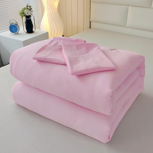 3PCS Pink Comforter Set with 2 Pillowcases, Brushed Microfiber Full Solid Pink