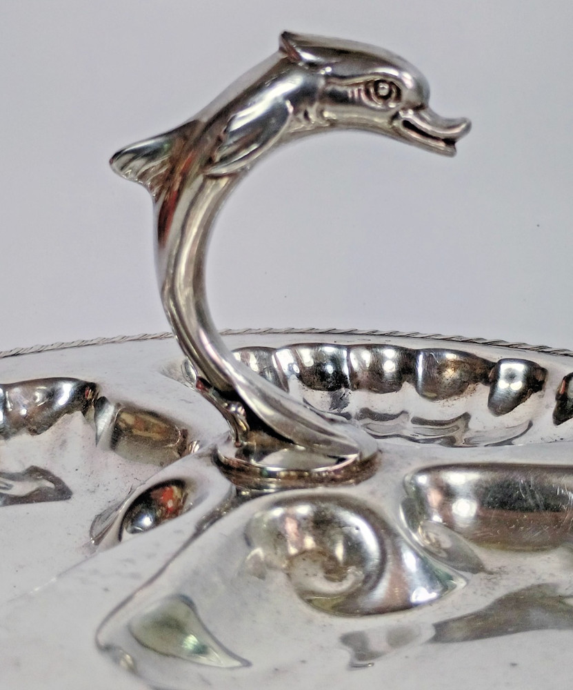 Vintage Canterbury Silverplate Tray Dolphin Motif Handle Three Sections 8 3/4"