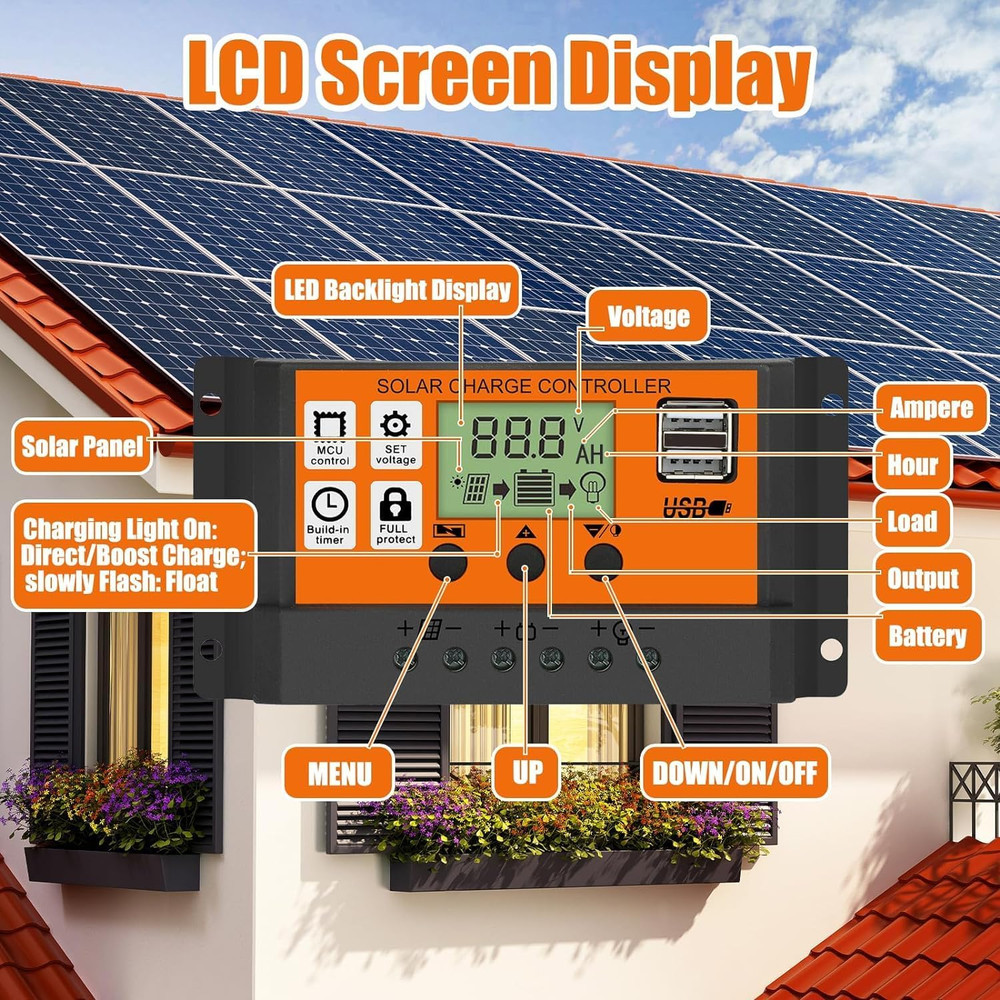 30-100A MPPT Solar Panel Regulator Charge Controller 12V/24V Auto Focus Tracking