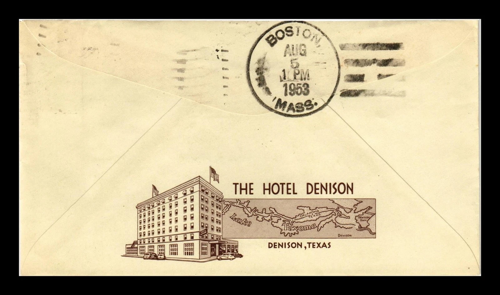 1953 DENISON TEXAS  HOTEL ILLUSTRATED CC / BACK  TO BOSTON SMALL COVER