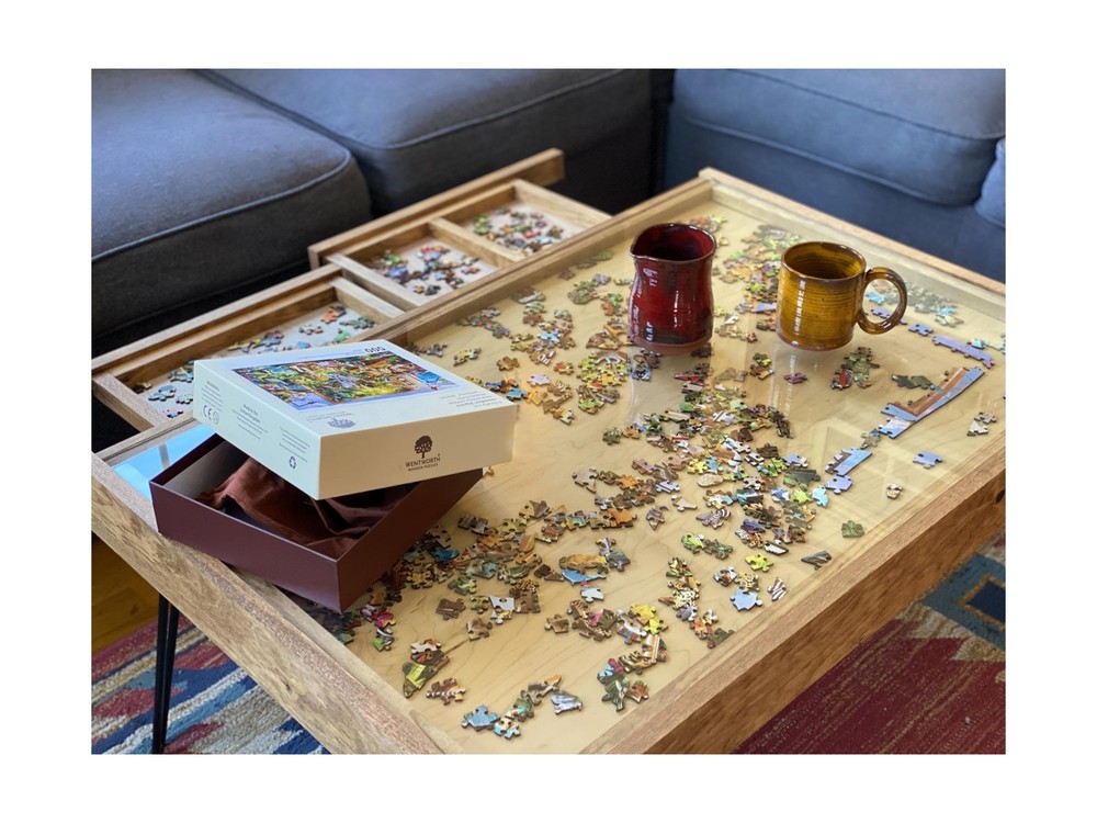 Rustic Puzzle Coffee Table with Removable Glass top - Includes 2 Hidden Drawe...